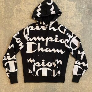 Champion Reverse Weave Hoodie Mens Medium Black All Over Logo Script Graphic